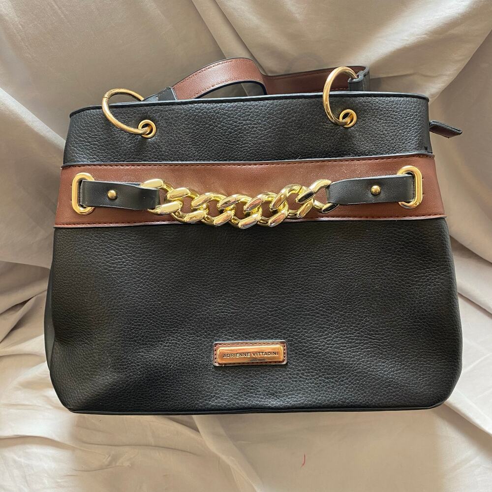 Adrienne Vittadini‎ Black Crossbody Handle Purse Gold Tone Accents Handbag